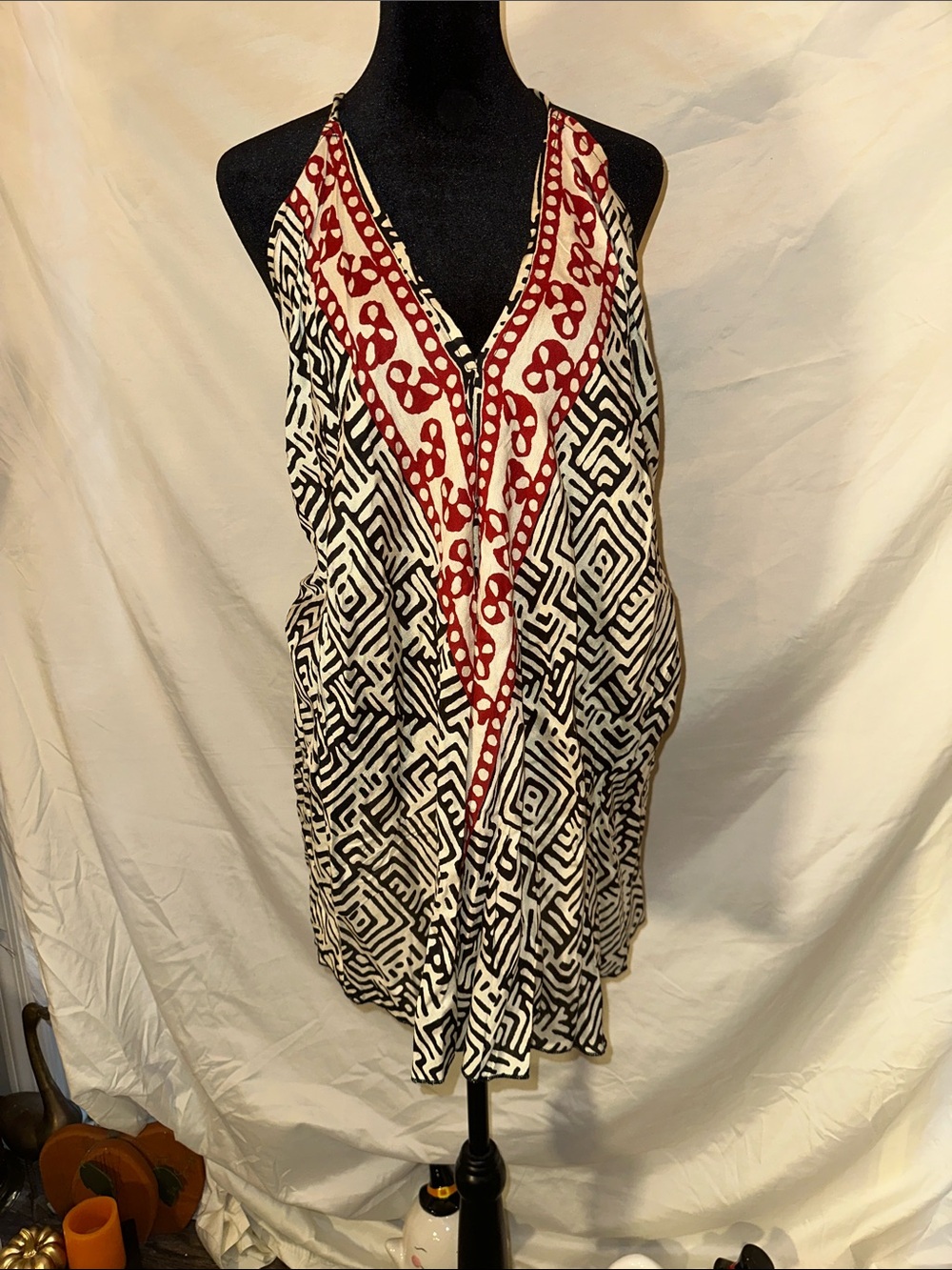 Black & White Geometric Halter Mini Dress with Red Trim